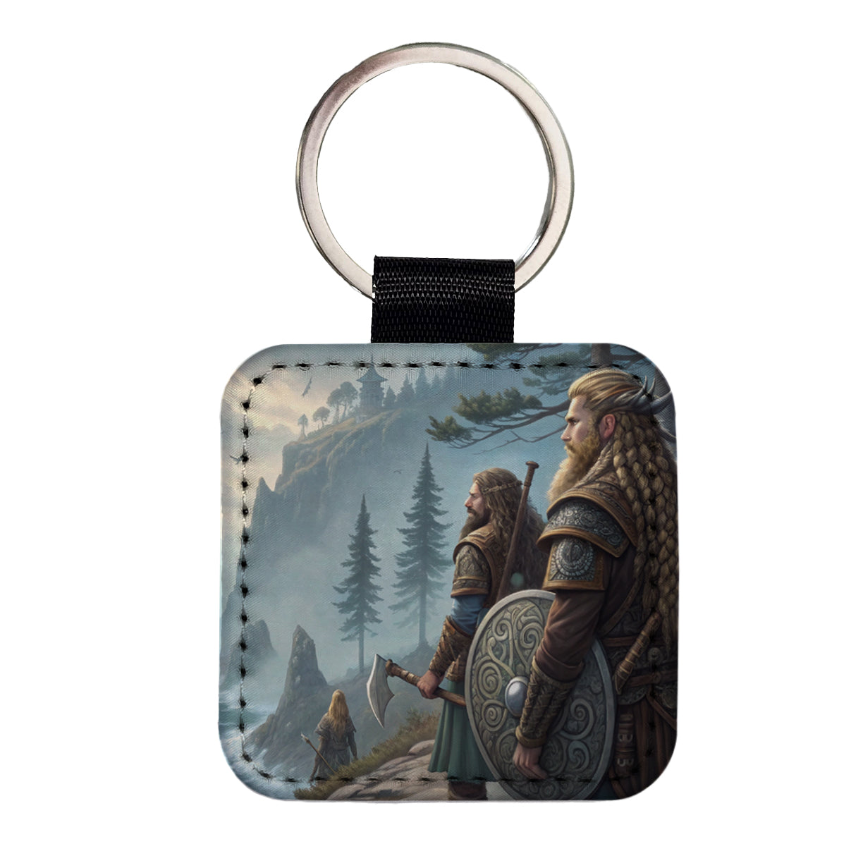 Vikings Raiders Anime Style Fantasy Square Faux Leather Keychain