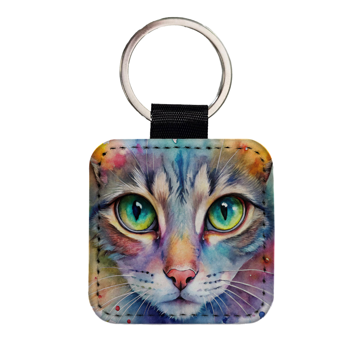 Watercolor Tabby Cat Square Faux Leather Keychain
