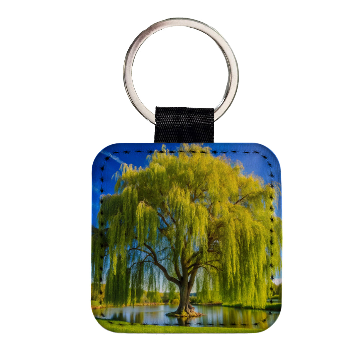 Weeping Willow Tree in Pond Square Faux Leather Keychain