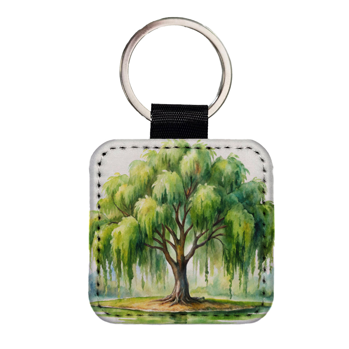 Weeping Willow Tree Watercolor Square Faux Leather Keychain