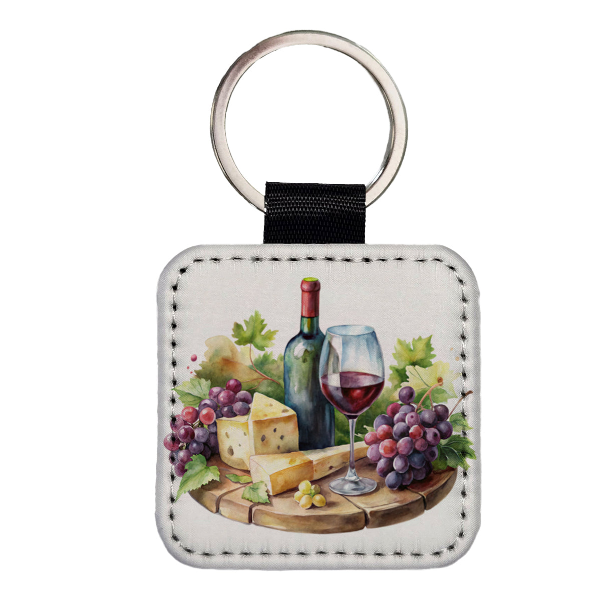 Wine Cheese Grapes on Board Watercolor Square Faux Leather Keychain