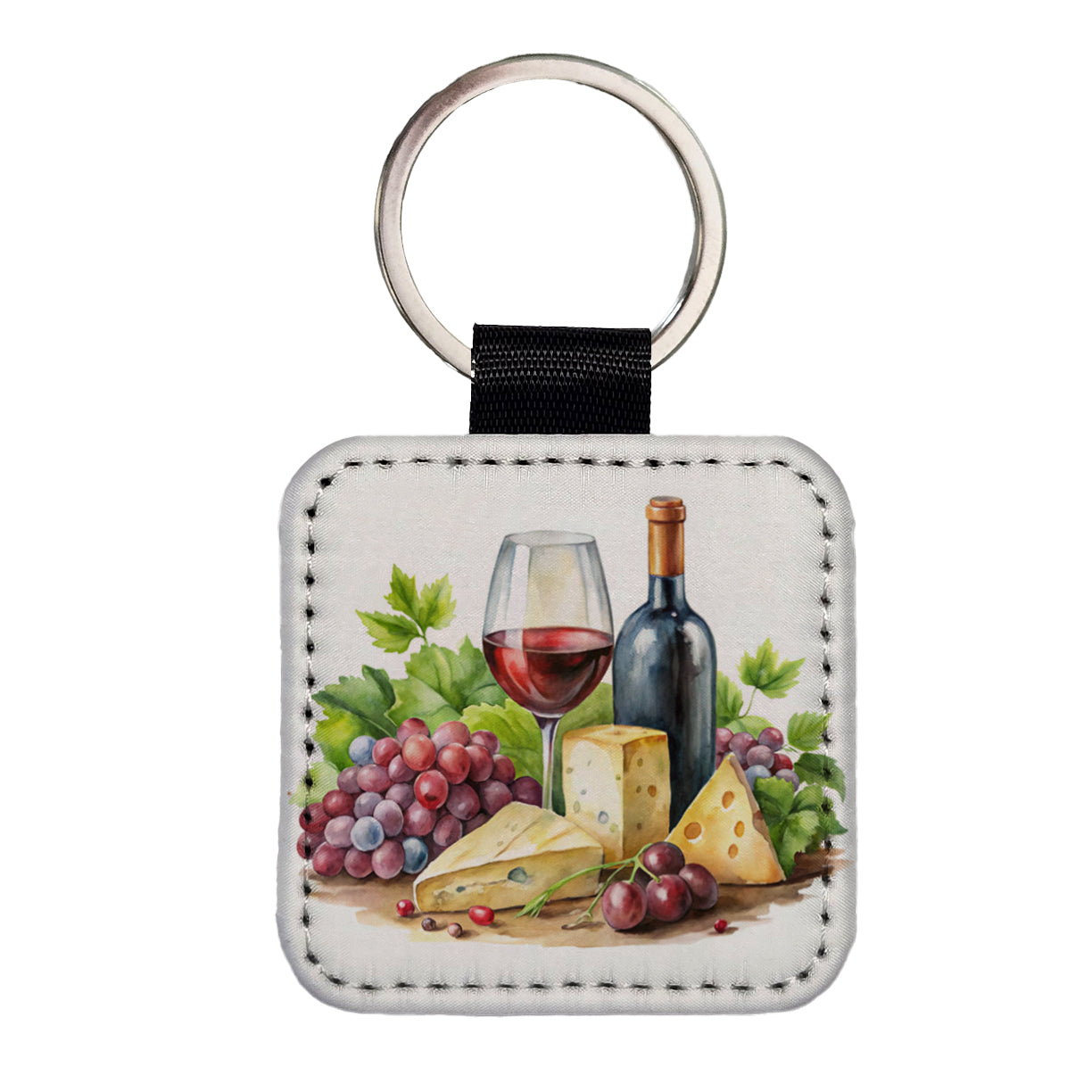 Wine Cheese Grapes Watercolor Square Faux Leather Keychain