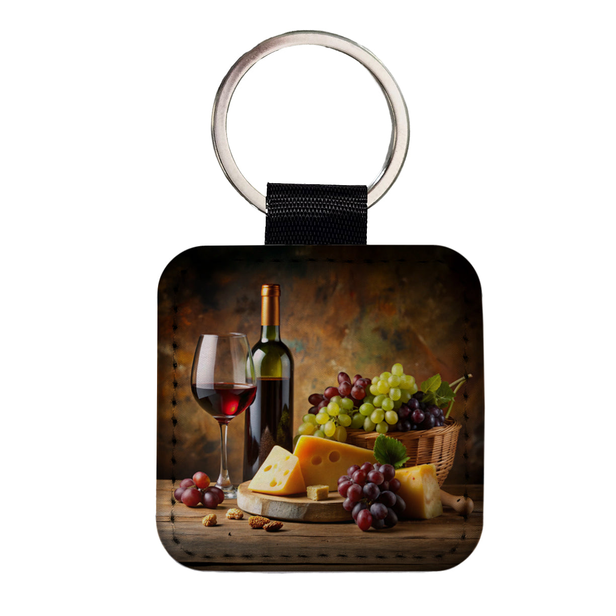 Wine Cheese Grapes Rustic Setting Square Faux Leather Keychain