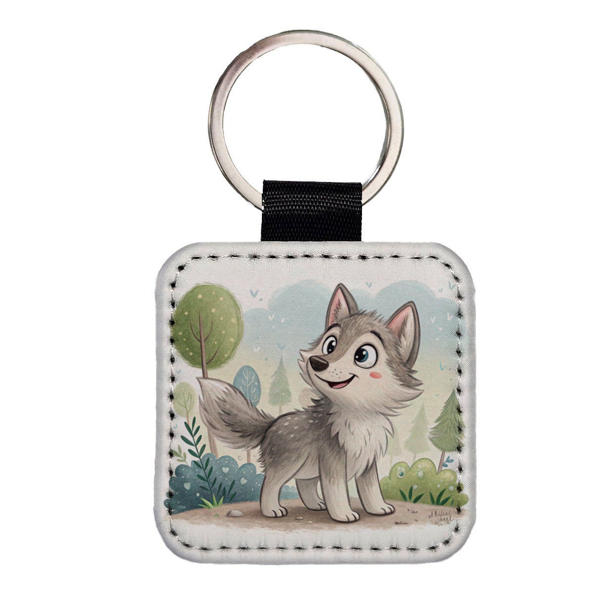 Wolf Children's Illustration Style Square Faux Leather Keychain