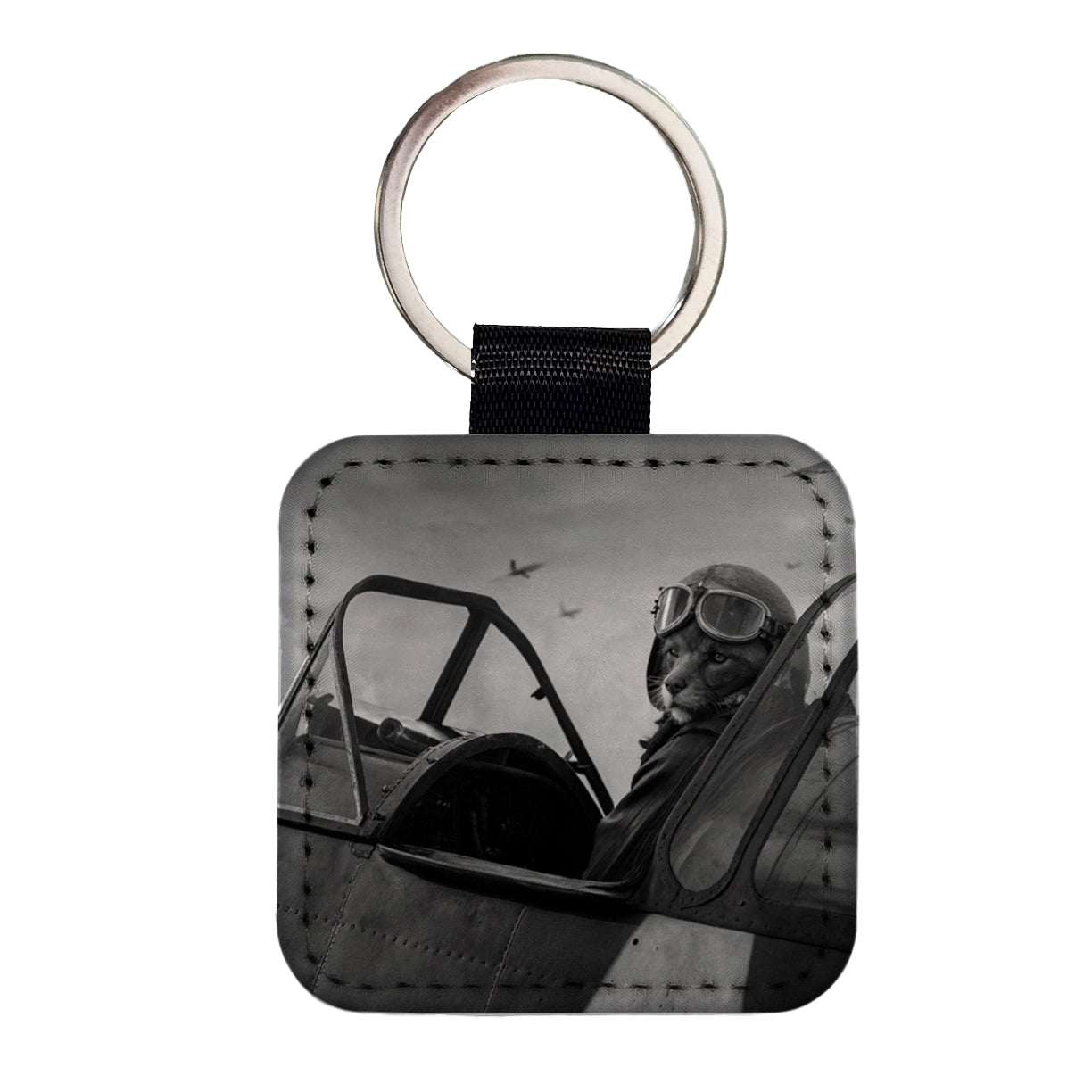 WWII Cat Fighter Plane Pilot Ace Retro Alternative Universe Square Faux Leather Keychain