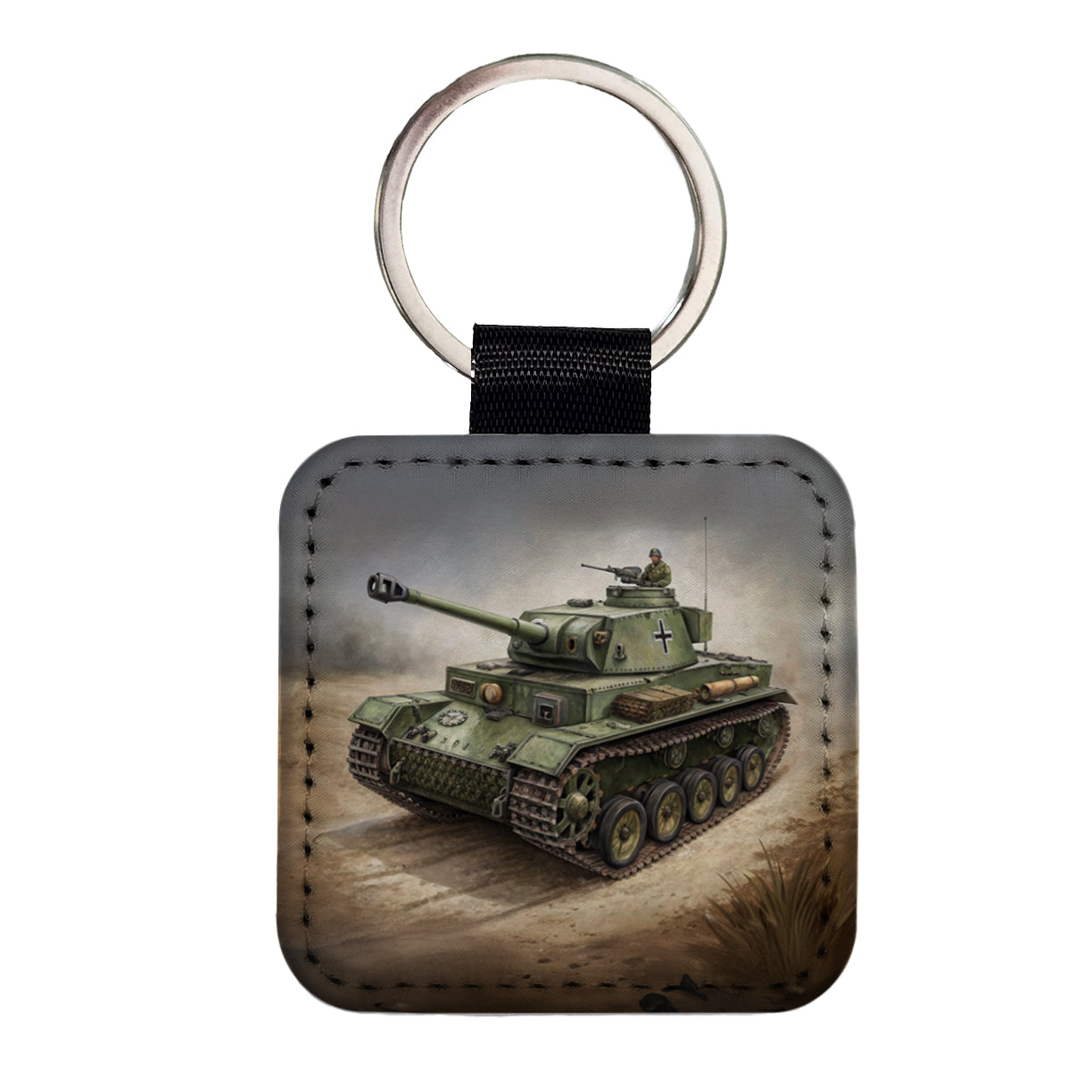 WWII German Panzer IV Tank Square Faux Leather Keychain