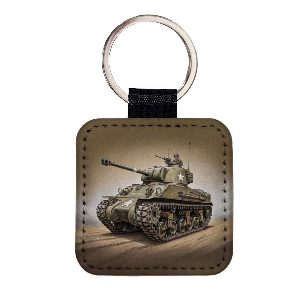 WWII M4 Sherman US Medium Tank Square Faux Leather Keychain