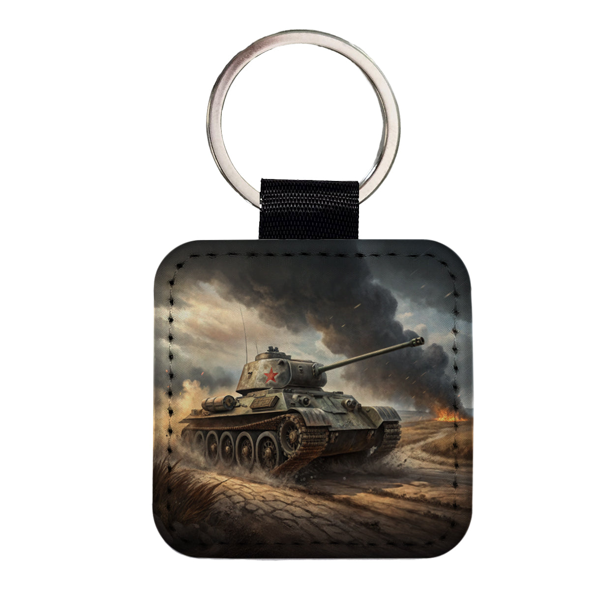 WWII T-34 Russian Medium Tank Square Faux Leather Keychain