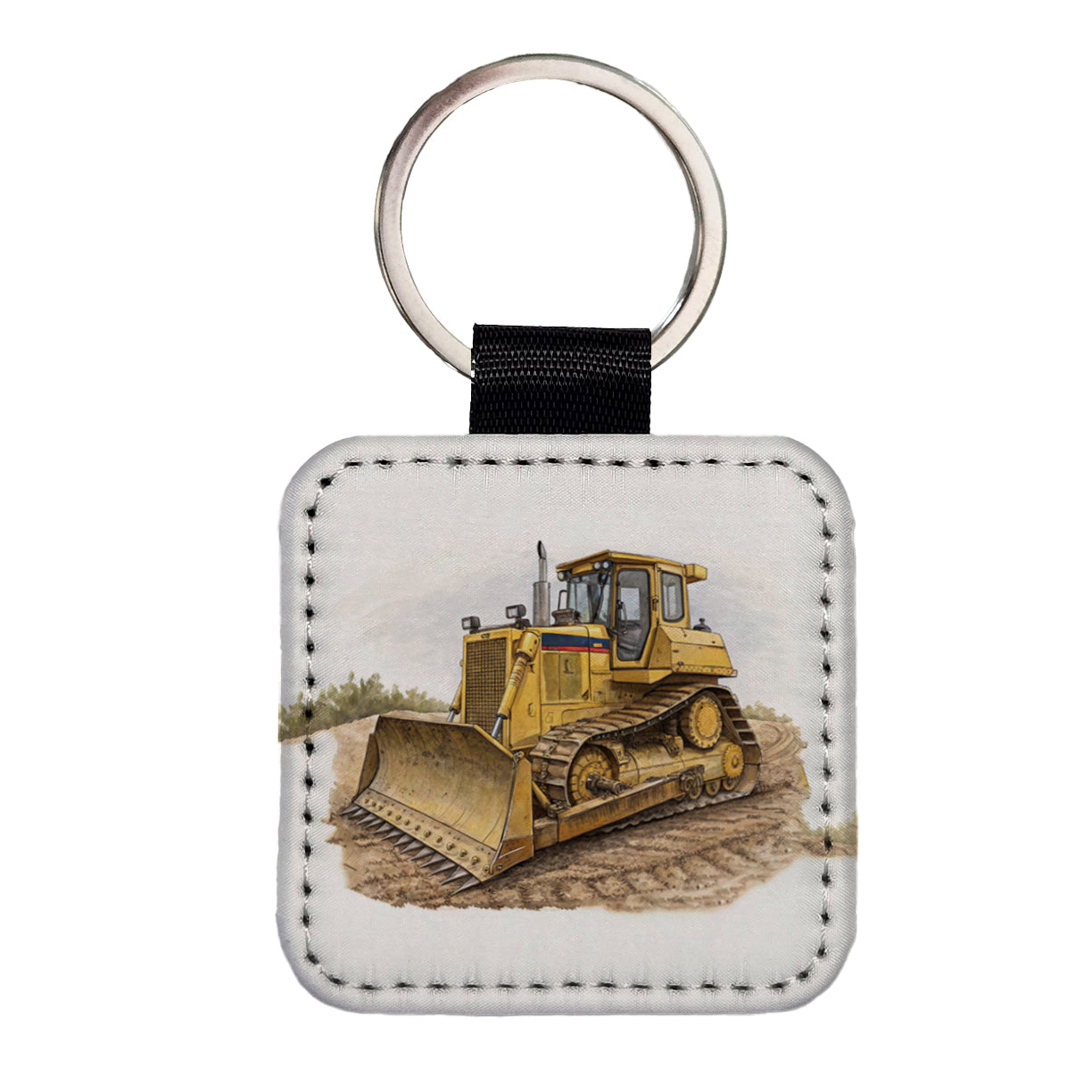 Yellow Bulldozer Construction Equipment Square Faux Leather Keychain