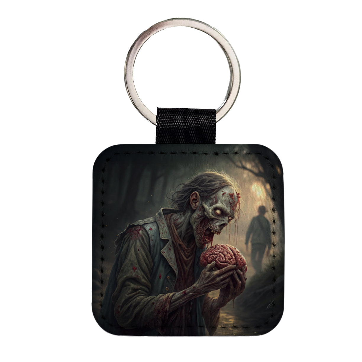Zombie Eating Yummy Brains Funny Halloween Square Faux Leather Keychain