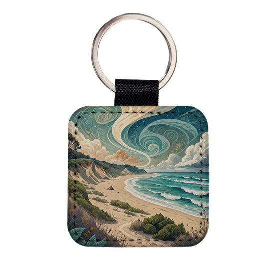 Abstract Beach Shore Landscape Square Faux Leather Keychain
