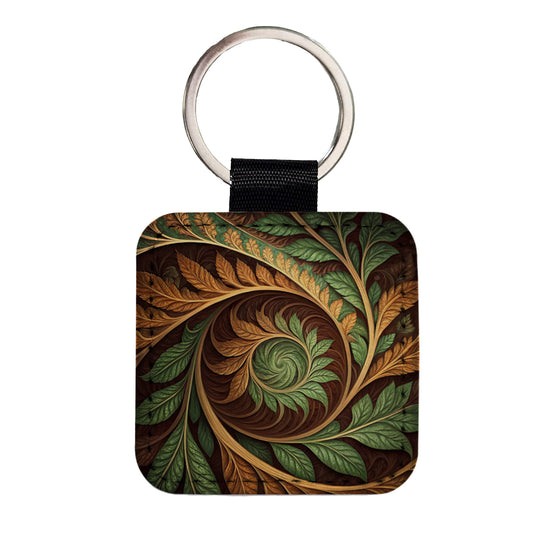 Abstract Brown Green Leaves Swirl Square Faux Leather Keychain