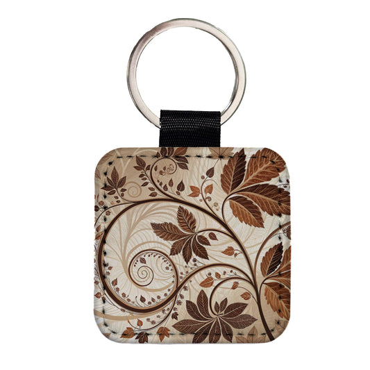 Abstract Brown Leaves Design Square Faux Leather Keychain