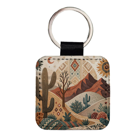 Abstract Brown Tan Southwestern Desert Design Square Faux Leather Keychain