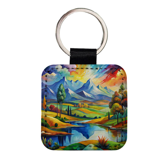 Abstract Colorful Landscape Modern Art Landscape Square Faux Leather Keychain
