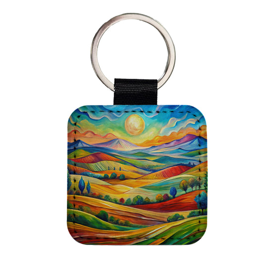 Abstract Colorful Landscape Square Faux Leather Keychain