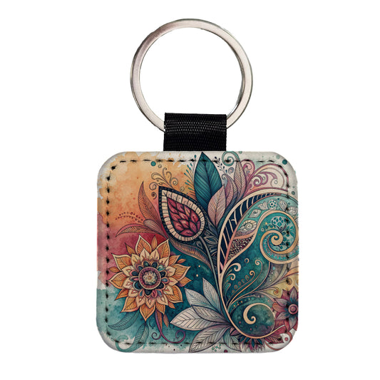 Abstract Deco Floral Leaves Swirl Design Square Faux Leather Keychain