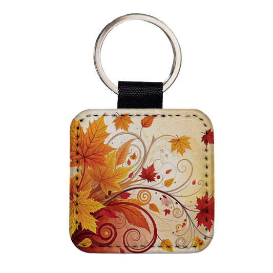 Abstract Fall Autumn Leaves Design Square Faux Leather Keychain