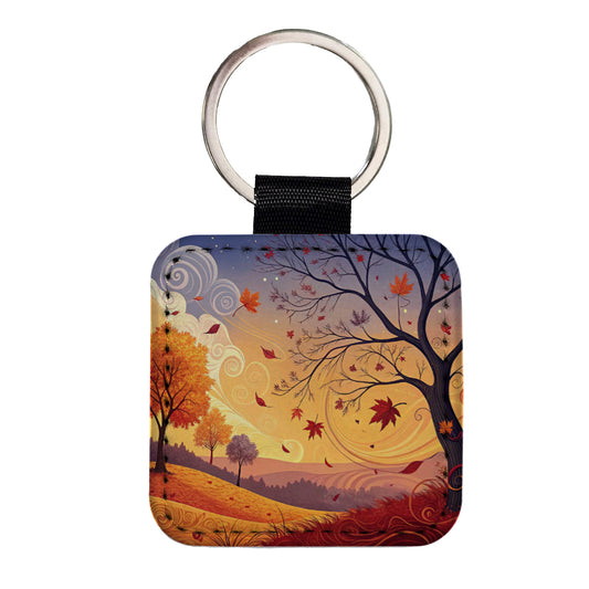 Abstract Fall Autumn Scenic Landscape Square Faux Leather Keychain