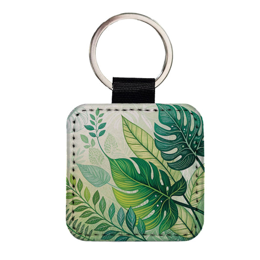 Abstract Green Leaves Design Square Faux Leather Keychain