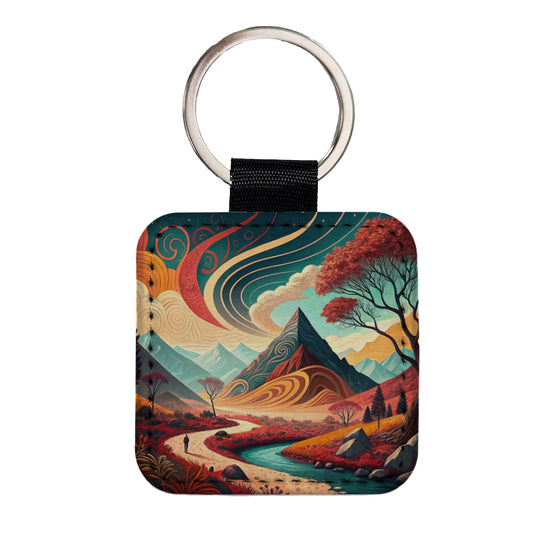 Abstract Modern Art Landscape Square Faux Leather Keychain
