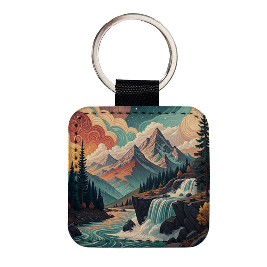 Abstract Mountains Waterfalls Landscape Square Faux Leather Keychain
