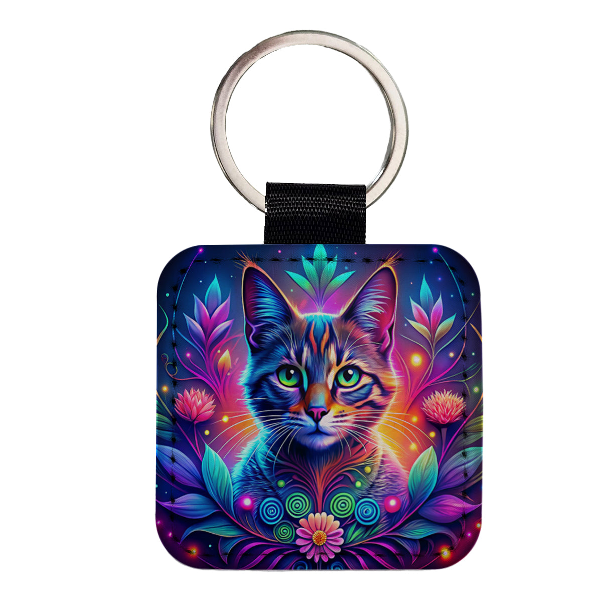Abstract Neon Cat And Floral Design Square Faux Leather Keychain