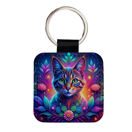 Abstract Neon Cat And Floral Design Square Faux Leather Keychain