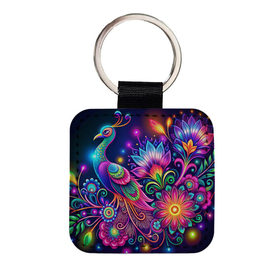 Abstract Neon Peacock Floral Design Square Faux Leather Keychain