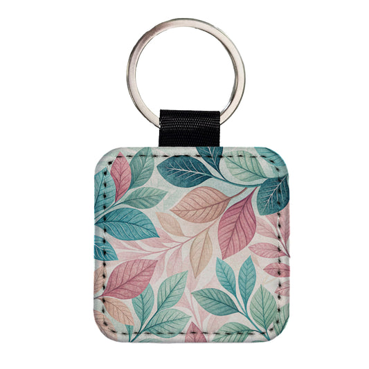 Abstract Pastel Floral Leaves Design Square Faux Leather Keychain