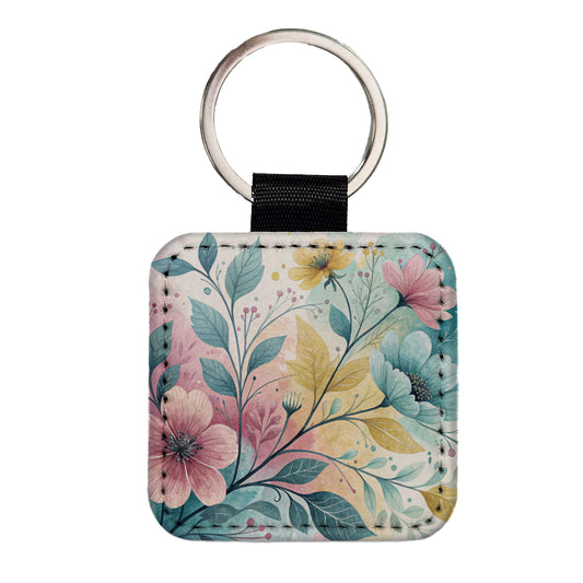 Abstract Pastel Flowers Leaves Design Square Faux Leather Keychain