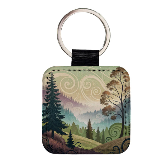 Abstract Pastel Forest Landscape Square Faux Leather Keychain