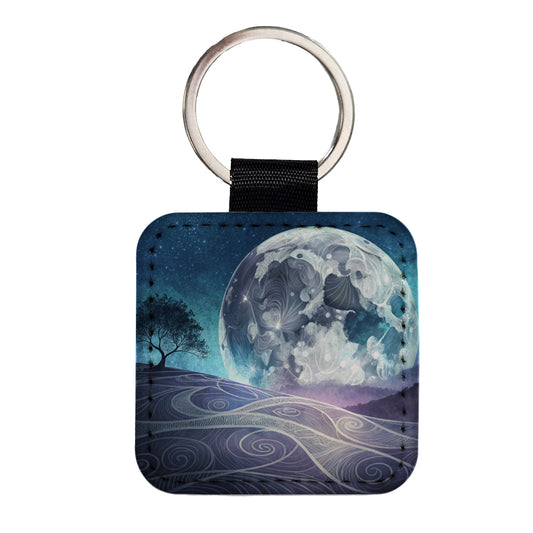 Abstract Purple Blue Moon Landscape Square Faux Leather Keychain