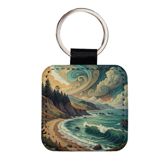 Abstract Shore Ocean Waves Landscape Square Faux Leather Keychain