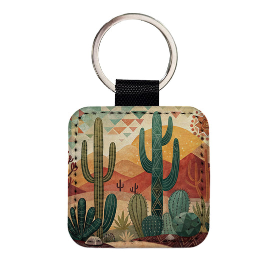 Abstract Southwestern Cactus Desert Design Square Faux Leather Keychain
