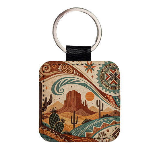 Abstract Southwestern Design Square Faux Leather Keychain
