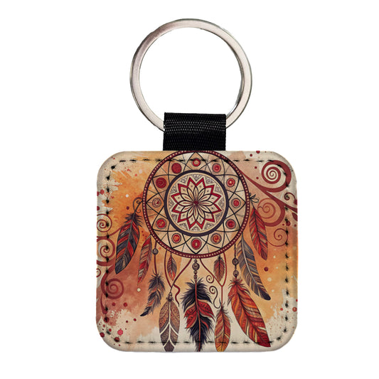 Abstract Southwestern Dream Catcher Design Square Faux Leather Keychain