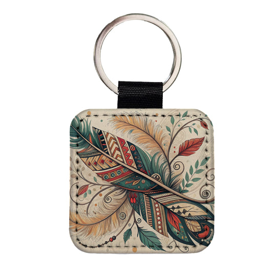 Abstract Southwestern Feather Leaf Design Square Faux Leather Keychain