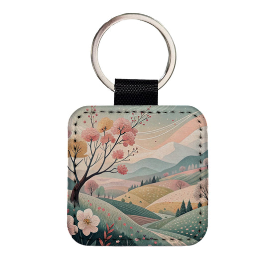 Abstract Spring Landscape Square Faux Leather Keychain