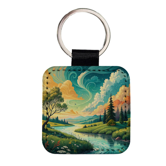 Abstract Summer Landscape Square Faux Leather Keychain