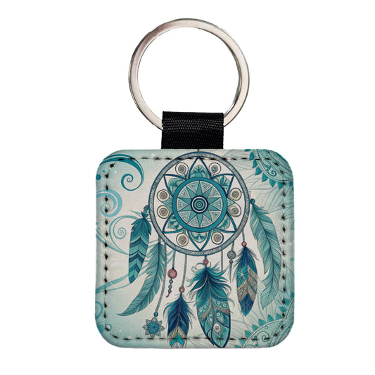 Abstract Teal Blue Dream Catcher Southwestern Design Square Faux Leather Keychain