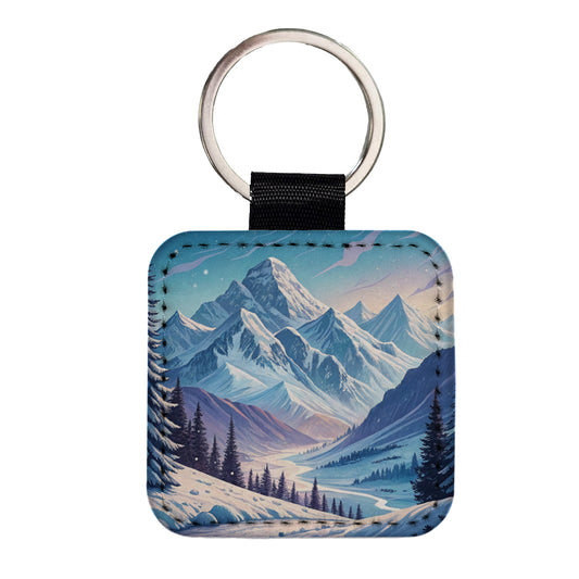 Abstract Winter Blue Purple Mountains Landscape Square Faux Leather Keychain