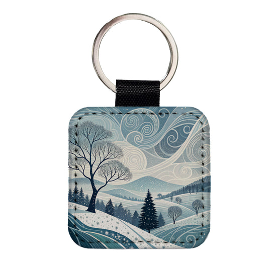 Abstract Winter Landscape Square Faux Leather Keychain