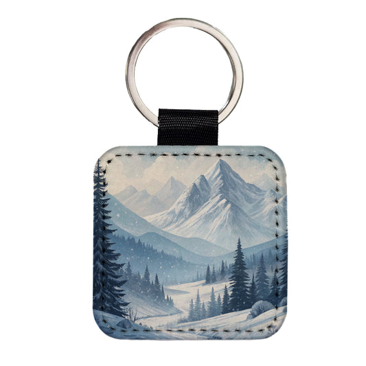 Abstract Winter Mountains Landscape Square Faux Leather Keychain