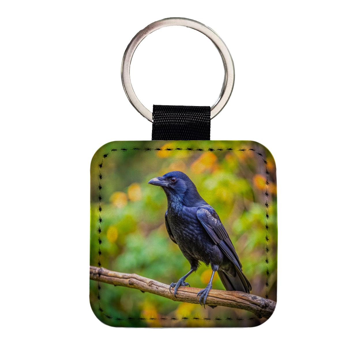 American Black Crow Backyard Bird Square Faux Leather Keychain