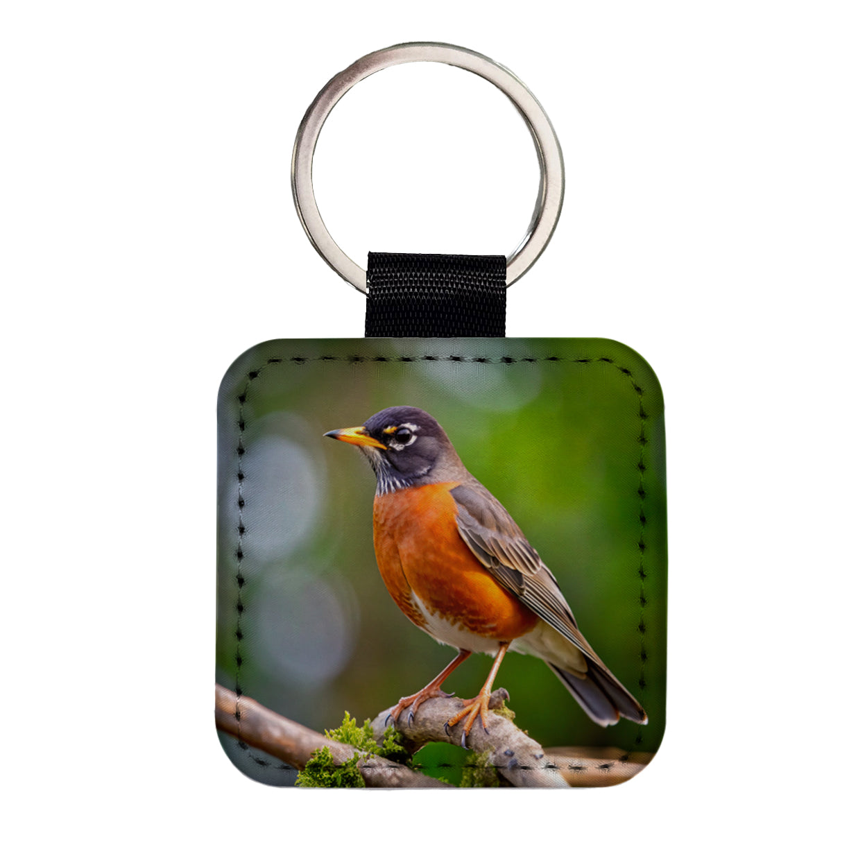 American Robin Backyard Bird Square Faux Leather Keychain