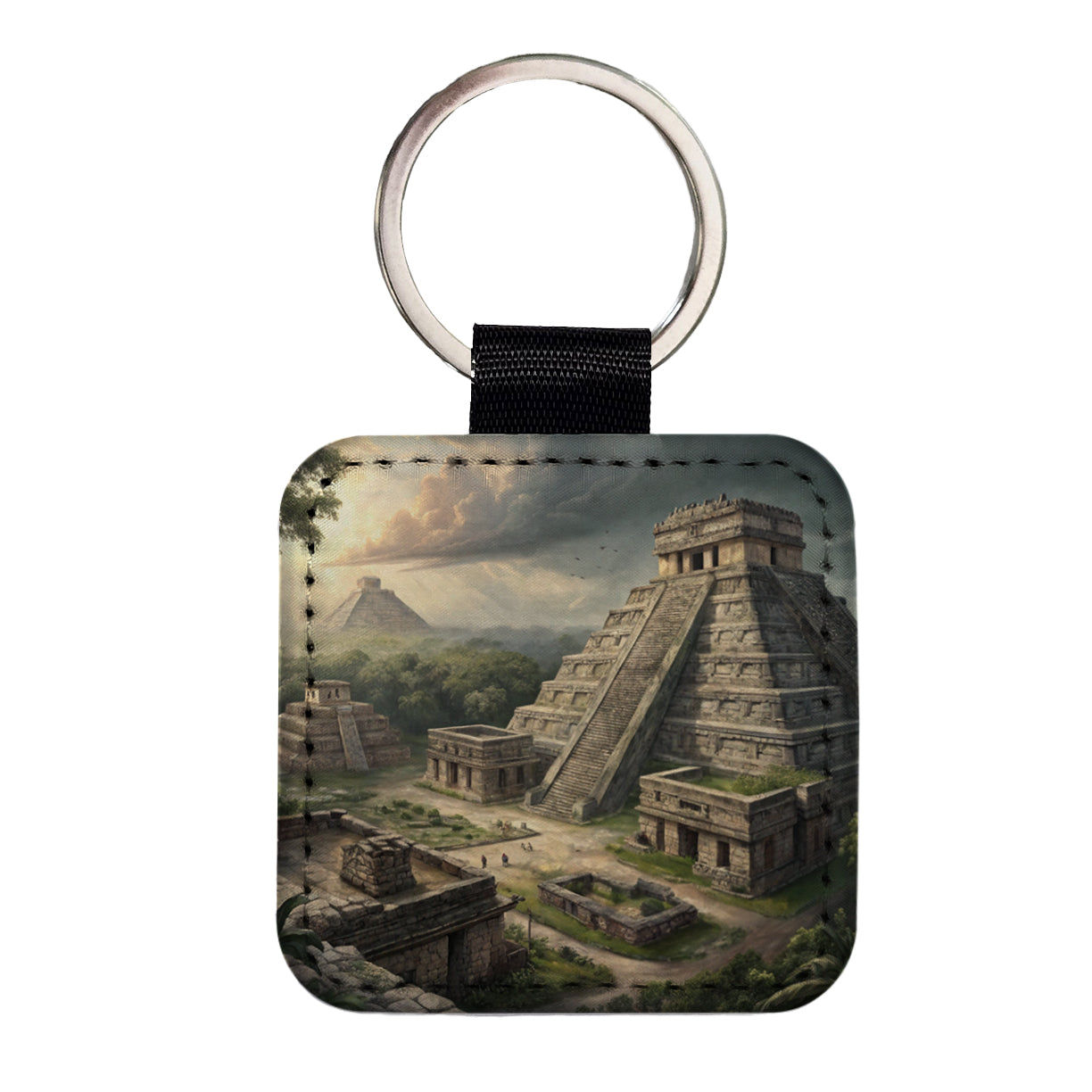 Ancient Maya Temples Step Pyramids Square Faux Leather Keychain