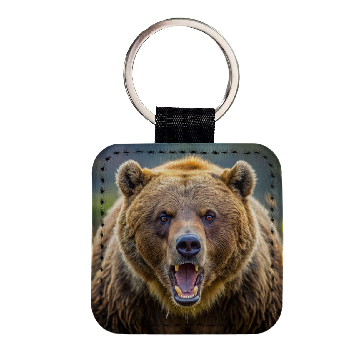 Angry Grizzly Bear Charging Square Faux Leather Keychain