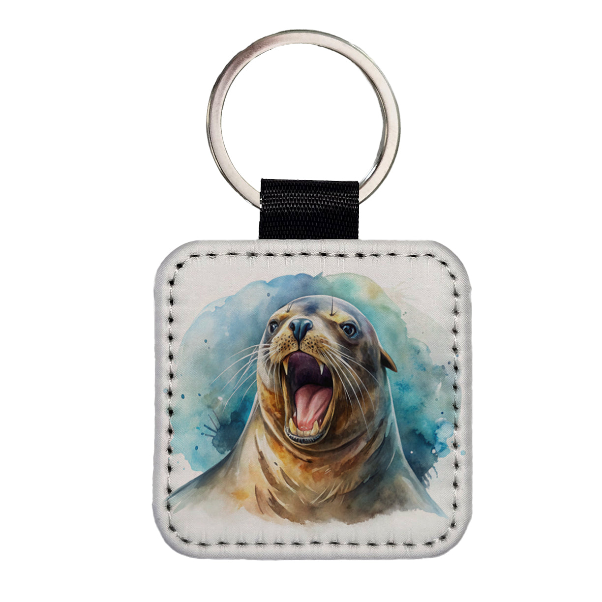 Angry Sea Lion Watercolor Square Faux Leather Keychain