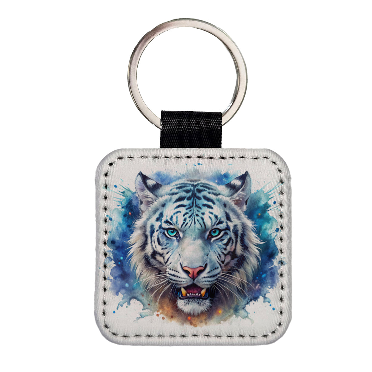 Angry White Tiger Watercolor Square Faux Leather Keychain